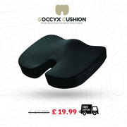 A black curved coccyx cushion shown on a white background with a subtle topographic line pattern. The brand name 'COCCYX CUSHION' is displayed at the top, and a price overlay showing '£19.