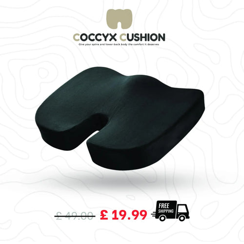 A black curved coccyx cushion shown on a white background with a subtle topographic line pattern. The brand name 'COCCYX CUSHION' is displayed at the top, and a price overlay showing '£19.